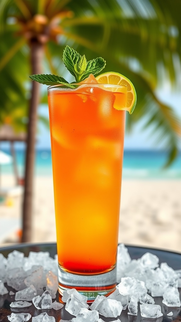 A refreshing Bourbon Mai Tai cocktail with mint and lime garnish on a beach background.